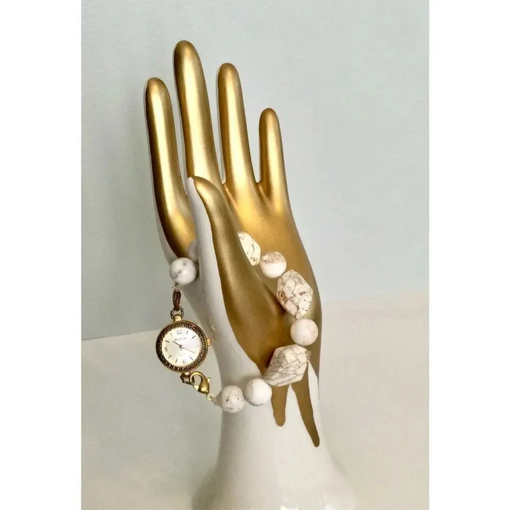 Vintage Rumours Womens Gold-tone Quartz Ivory Marled Stone Beaded Strap Watch OS